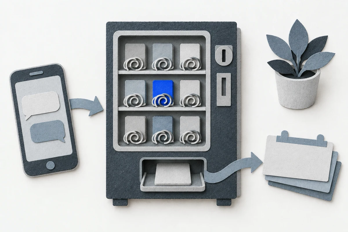 Торговый автомат со спиралями и смартфон с пустыми чатами - «ии администратор для стоматологии» отвечает ночью.